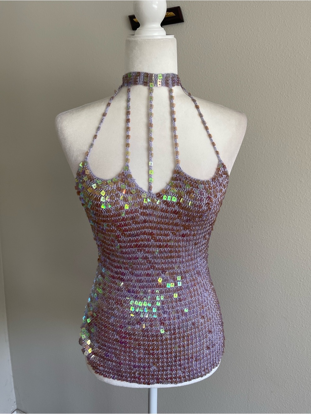 Sequined Lilac Crochet Halter Dress Top
